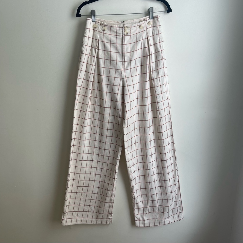 Anthropologie Wide Leg Linen Pants High Rise Burgundy Windowpane Cream Pleat 27”